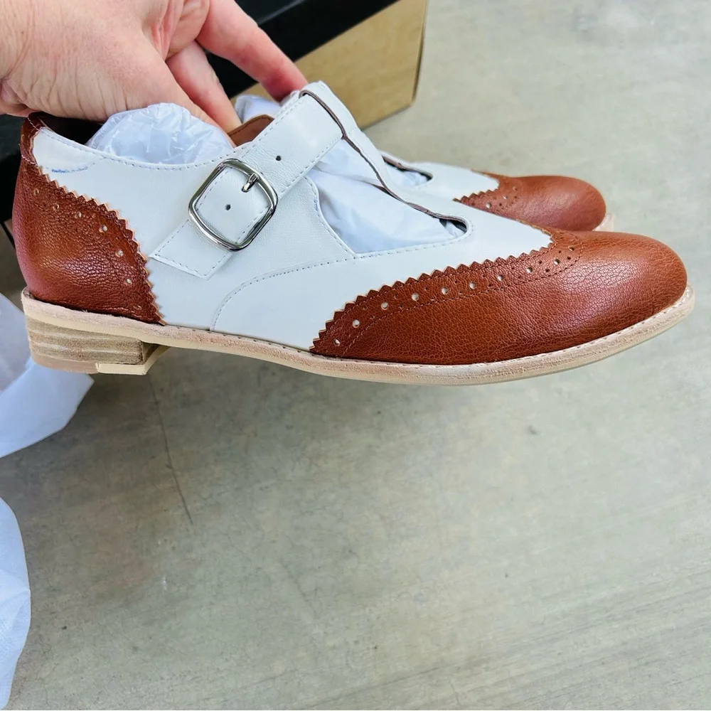 Anthropologie Wingtip Brown White Leather Mary Janes All Black Belted Wings NWT - Picture 13 of 16